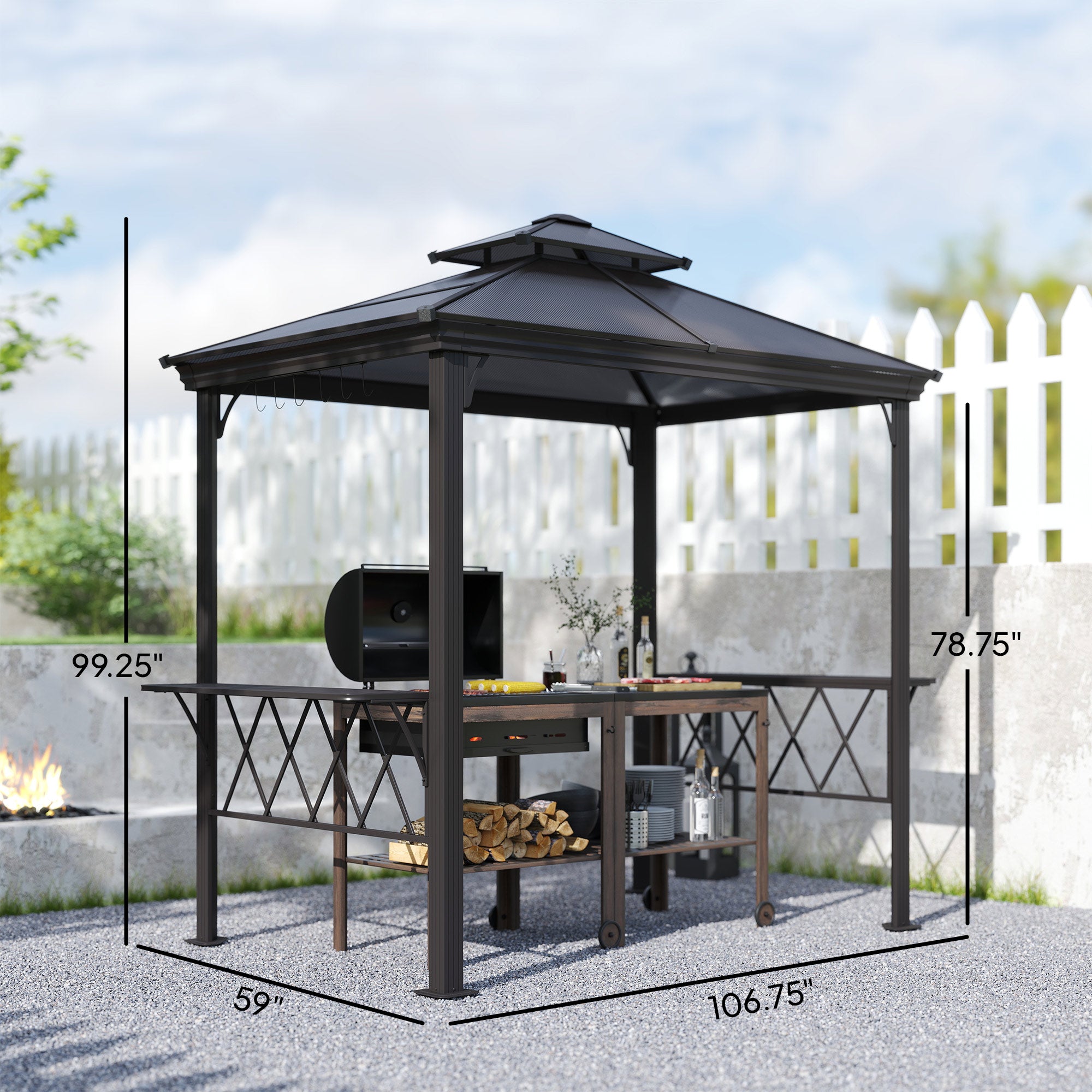 Outside Porch BBQ Cooking Pergola Canopy with 6 Hooks for Utensils and Double Venting Roof, Coffee